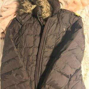 Women's Black Puffer Jacket with Faux Fur Trim